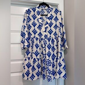 Zara Blue White Printed Tiered Mini Dress Women’s Size M Boho V-Neck 3/4 Sleeve